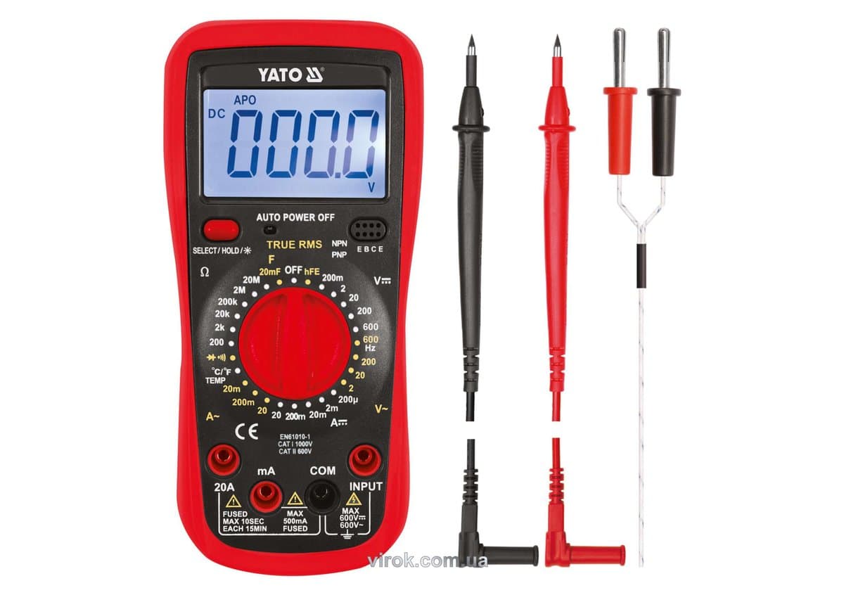 Мультиметр для вимірювання електричних параметр/ YATO з LCD-дисплеєм і провідниковими контактами[20]