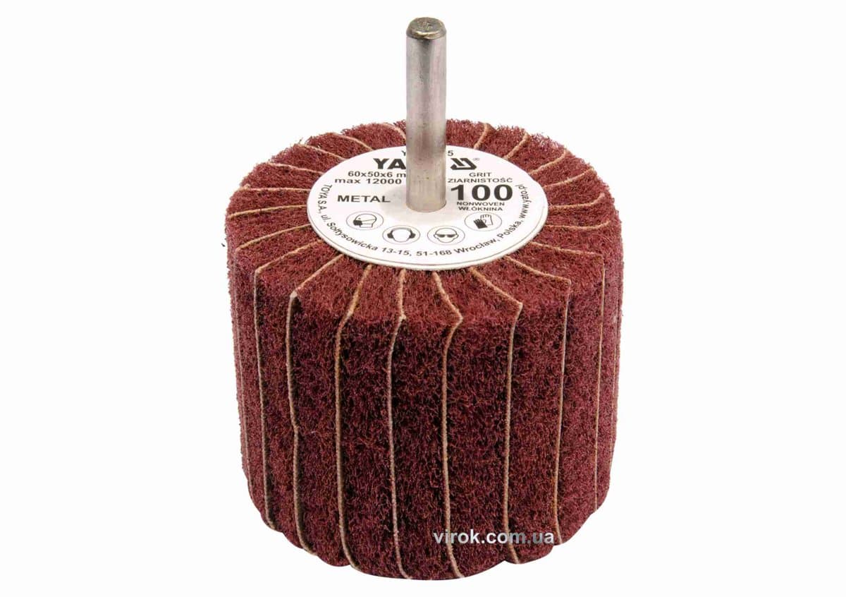 Круг пелюстковий шліфувальний YATO : подовжений Ø=60 мм, К100, шпиндель Ø= 6 мм, H= 50 мм [10/60]