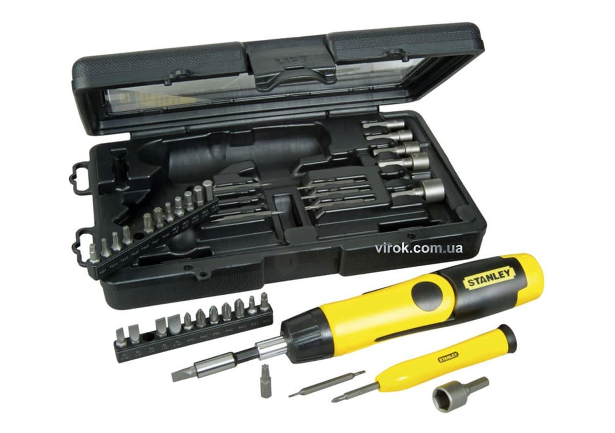 Викрутка реверсивна STANLEY "Pistol Grip Ratchet" : тріщатка, насадки, 38 шт.