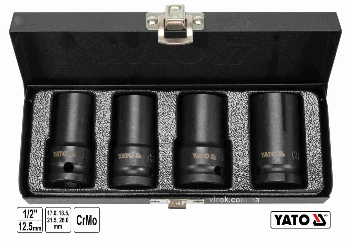 Торцеві головки ударні для зриву гвинтів YATO: квадрат-1/2", L=55мм; М17, 18.5, 21.5, 26 мм, 4шт[10]