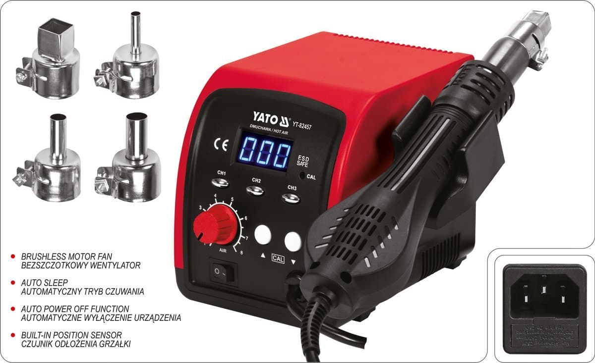 Фен-станція мережева YATO: 750 Вт, t°= 100- 500°С, пов. потік- 120 л/хв, LCD табло, 4 форсунки [8]