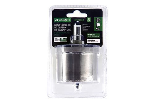 Набір коронок по дереву і гіпсокартону 9 предметів, глибина 43мм (26/32/36/45/50/56/63) APRO