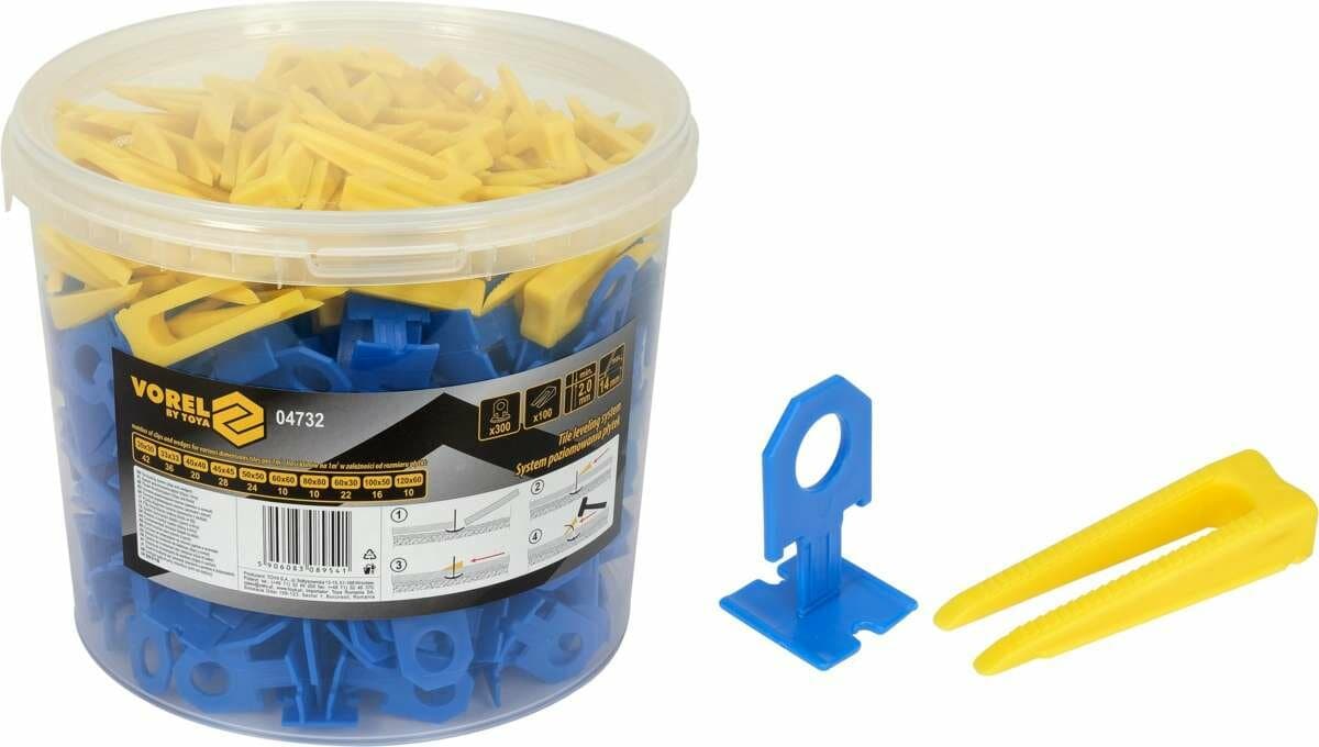 Кліпси і клини для викладання керамічної плитки VOREL : 2 мм, t≤ 14 мм. 300 + 100 шт.(DW)