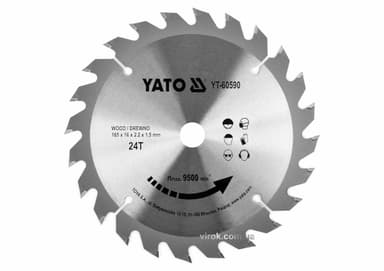 Диск пиляльний победітовий по дереву YATO: 165x16x2.2x1.5 мм, 24 зубці, R.P.M до 9500 1/хв [25/50]