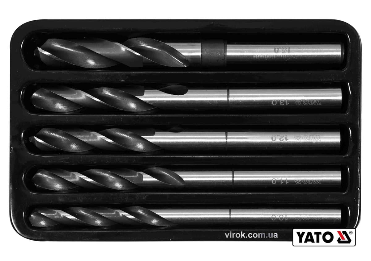 Набір свердл по металу YATO: HSS 4241, Ø10-15мм, L=75/150мм, до нержав. і конструкц. сталі, 5 шт[10]