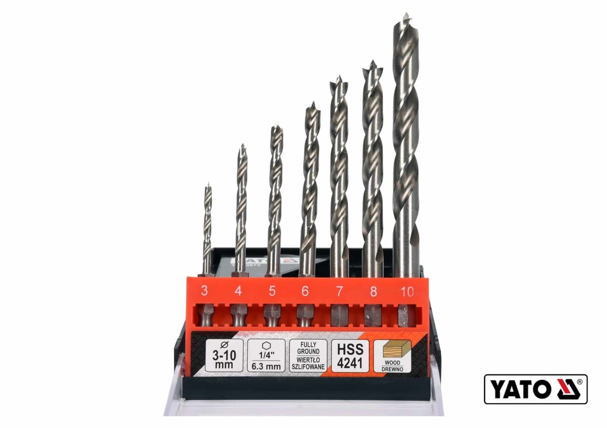 Свердла по дереву спіральні YATO: Ø3, 4, 5, 6, 7, 8, 10 мм, хвостовик- HEX 1/4", HSS 4241, 7 шт [20]