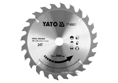 Диск пиляльний победітовий по дереву YATO: 185x20x2.2x1.5 мм, 24 зубці, R.P.M до 9500 1/хв [25/50]