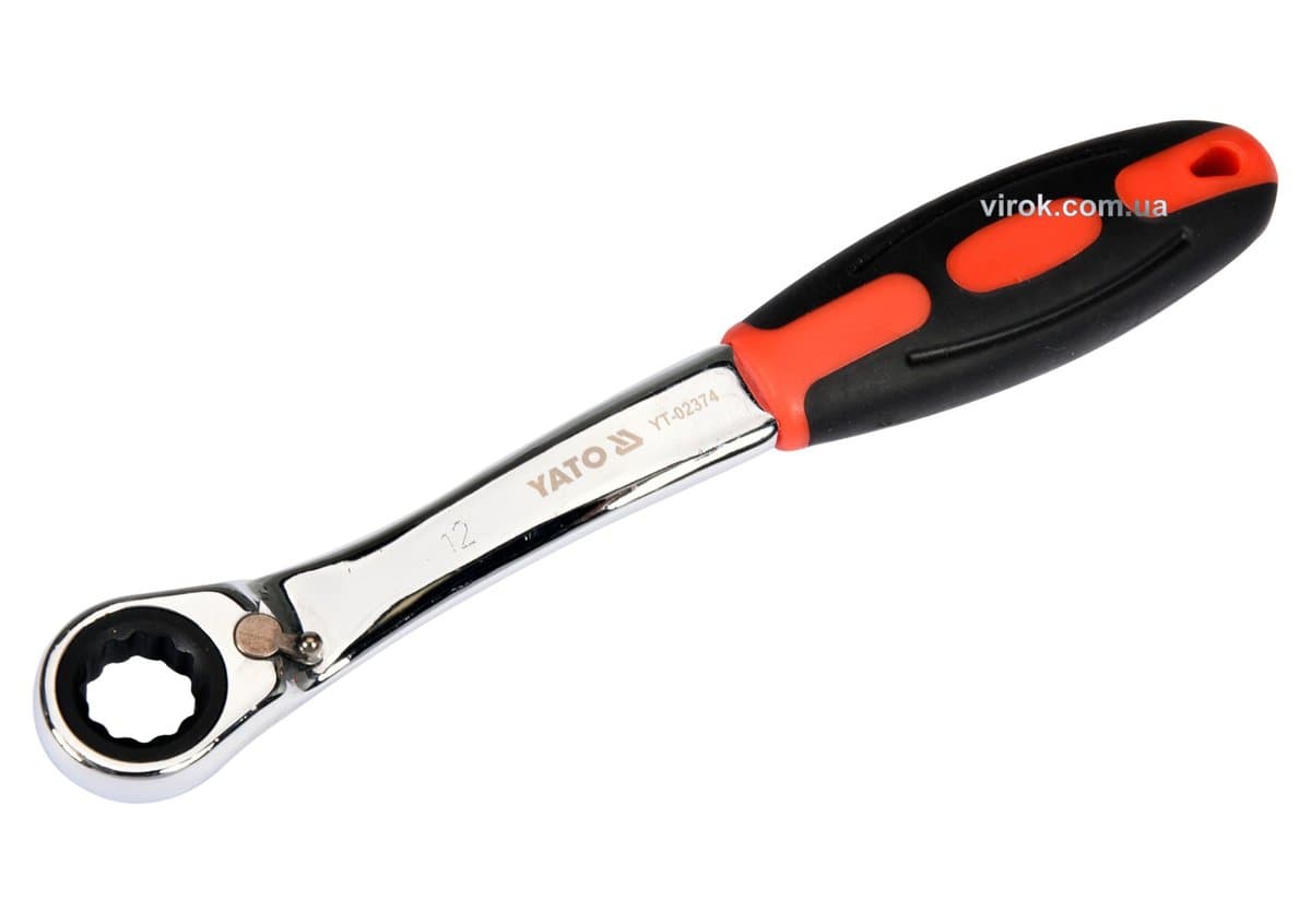 Ключ накидний, вигнутий з тріщаткою YATO: М12, HRC 42-48, Cr-V, з прогумов. ергономічною ручкою [10]