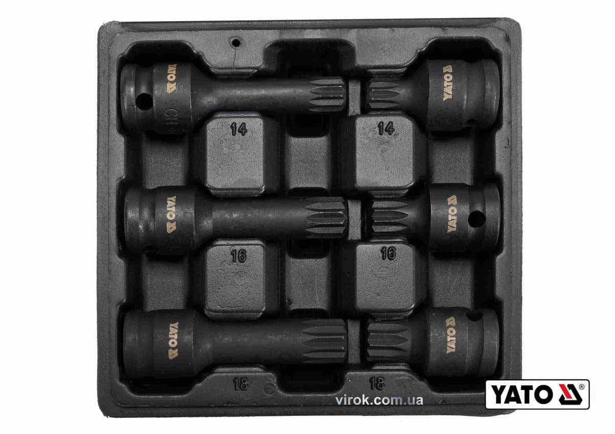 Набір насадок викруткових ударних YATO: SPLINE M14 M16 M18 квадрат 1/2". L= 43/78мм CrMo, 6 Од. [20]