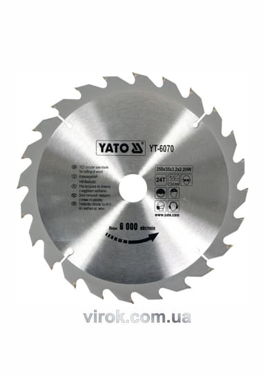 Диск пиляльний победітовий по дереву YATO: 250х30х3.2х2.2 мм, 24 зубці, R.P.M до 6000 1/хв [10/20]