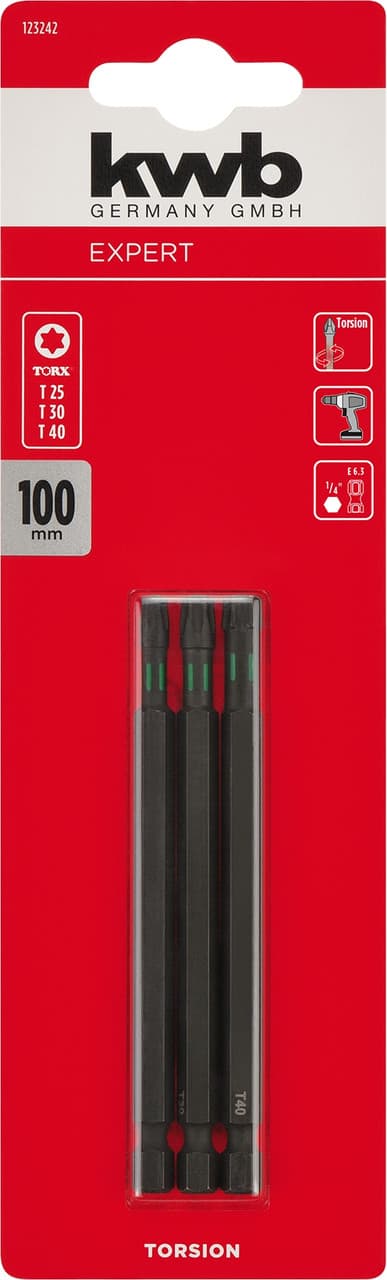 Набір торсіонних біт 100 мм, Torx T25/30/40, 3 шт, KWB (123242)