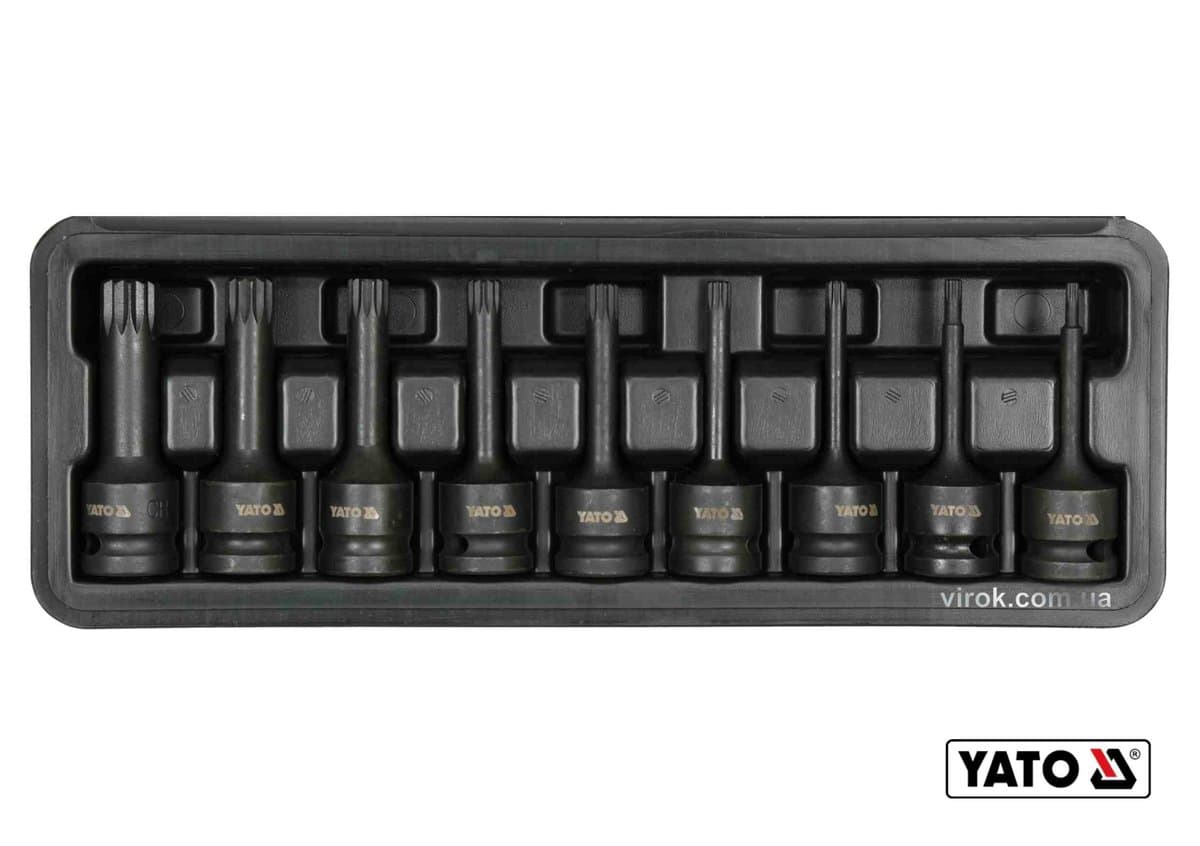 Набір насадок викруткових ударних YATO : SPLINE M4-M16. квадрат 1/2"; CrMo, 9 Од + кейс [10]