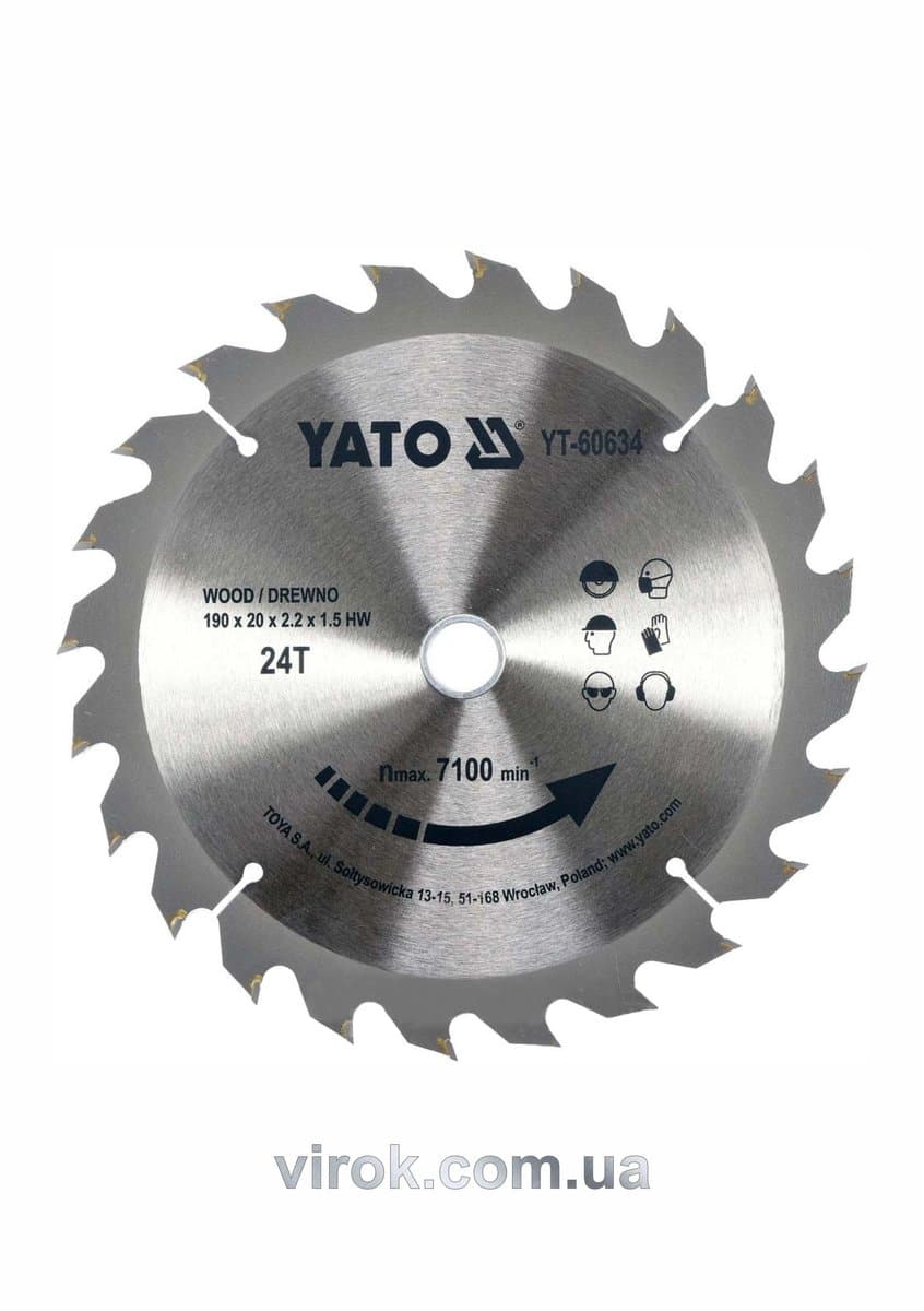 Диск пиляльний победітовий по дереву YATO: 190х20x2.2x1.5 мм, 24 зубці, R.P.M. до 7100 1/хв [10]