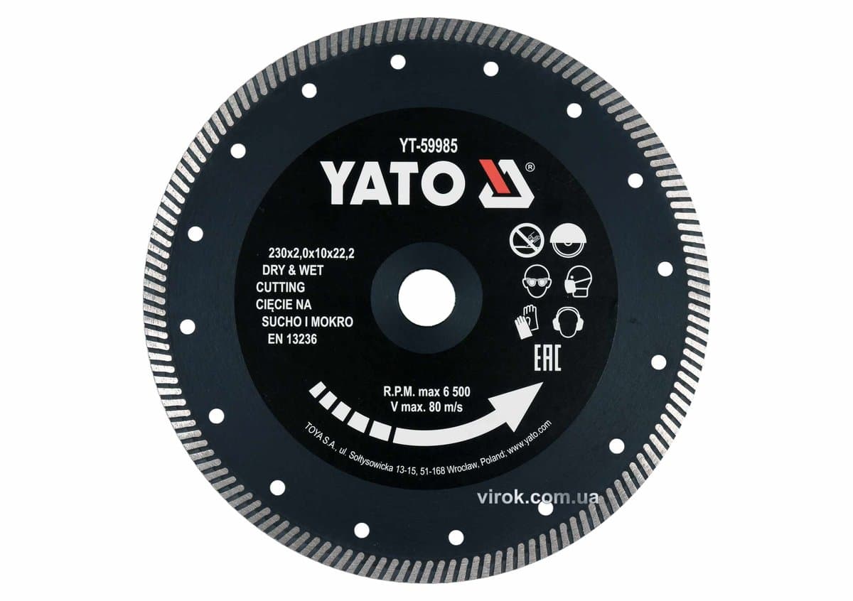Диск відрізний алмазний по гресу, кераміці "TURBO" YATO Ø=230x2x10x22.2 мм,в мокр.і сух. режимі [25]