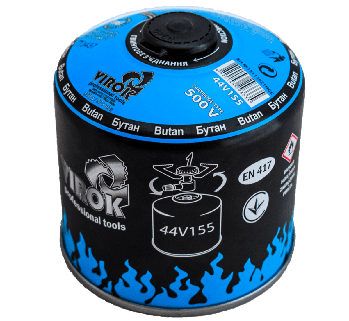 Балон газовий 1-разовий VIROK з різьбою (7/16) 500g/870ml. для плит/кемпінгу (EN417) BUTAN [12]