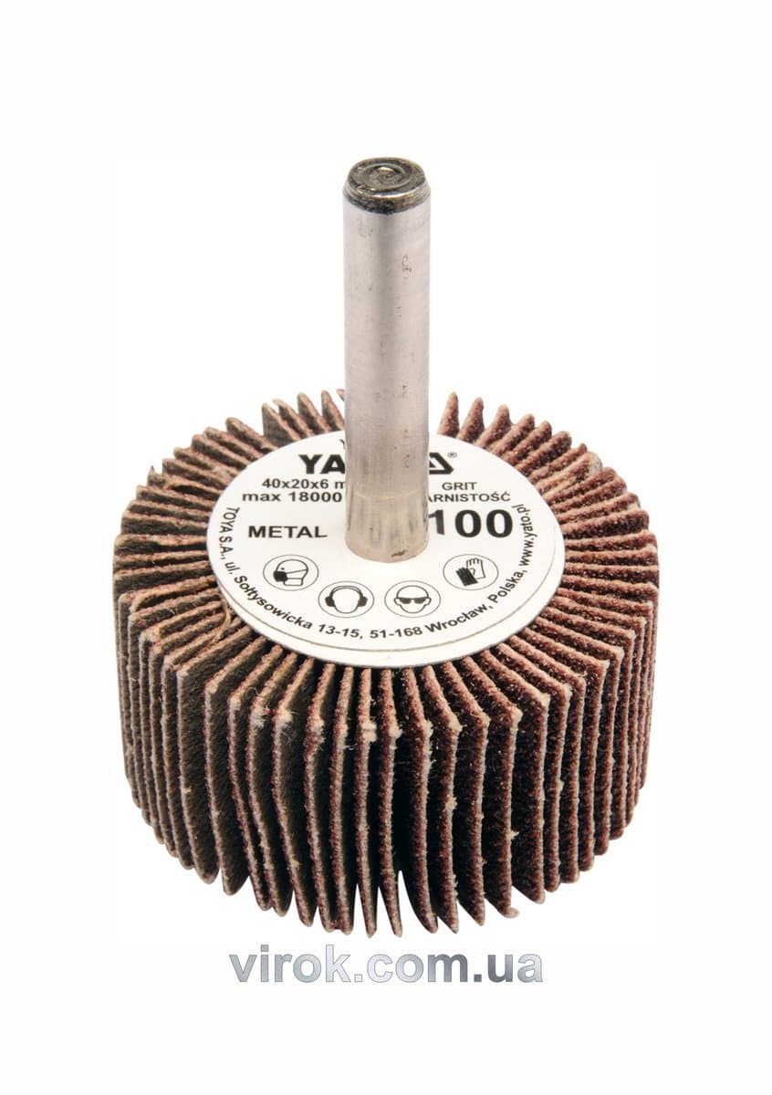 Круг пелюстковий шліфувальний YATO : подовжений Ø= 40 мм К100, шпиндель Ø= 6 мм, H= 20 мм [10/60]