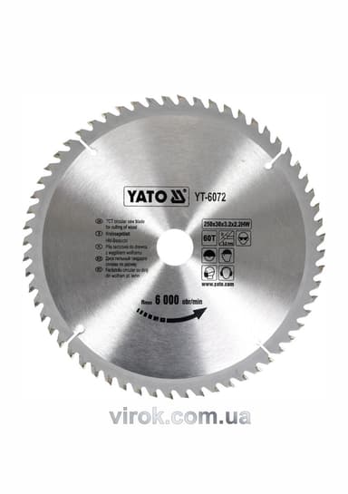 Диск пиляльний победітовий по дереву YATO: 250х30х3.2х2.2 мм, 60 зубців, R.P.M до 6000 1/хв [10/20]