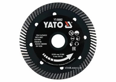Диск відрізний алмазний по гресу,кераміці "TURBO" YATO Ø=125x1.3x10x22.2мм,в мокрому і сухому режимі