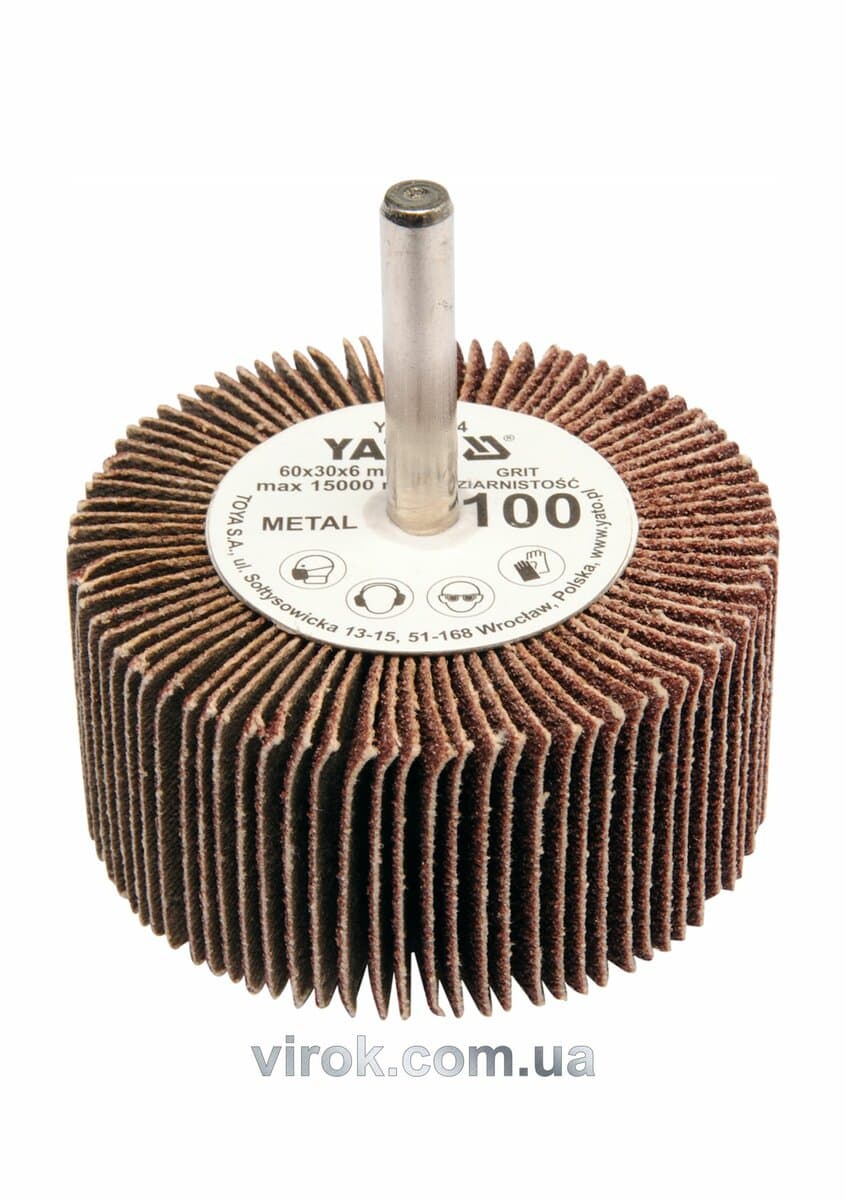Круг пелюстковий шліфувальний YATO : подовжений Ø= 60 мм К60, шпиндель Ø= 6 мм, H= 30 мм [10/60]