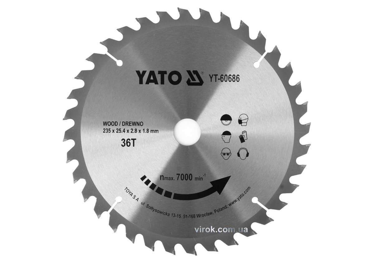 Диск пиляльний победітовий по дереву YATO: 235x25.4x2.8x1.8 мм, 36 зубців R.P.M до 7000 1/хв [10/20]