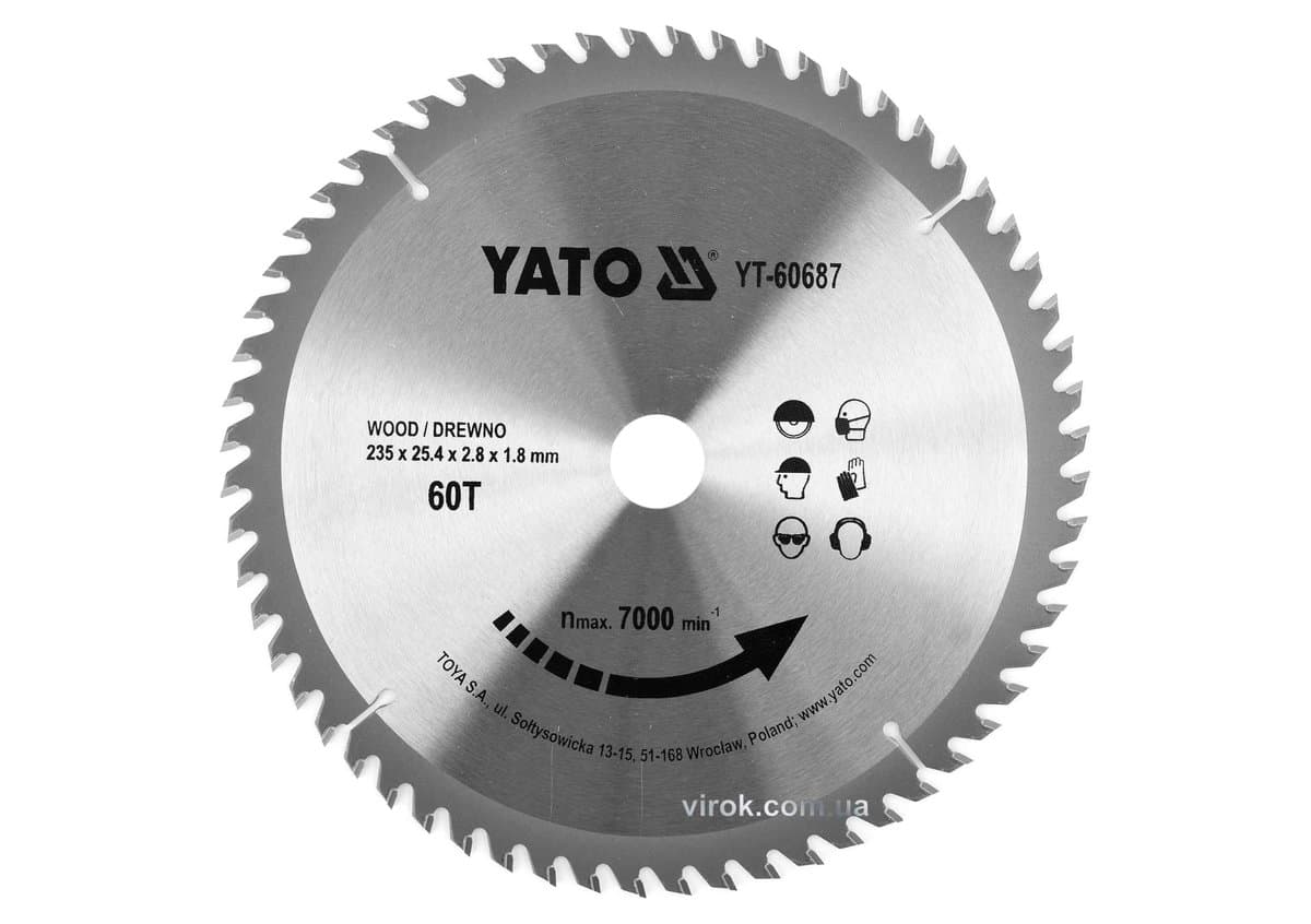 Диск пиляльний победітовий по дереву YATO: 235x25.4x2.8x1.8мм, 60 зубців, R.P.M до 7000 1/хв [10/20]