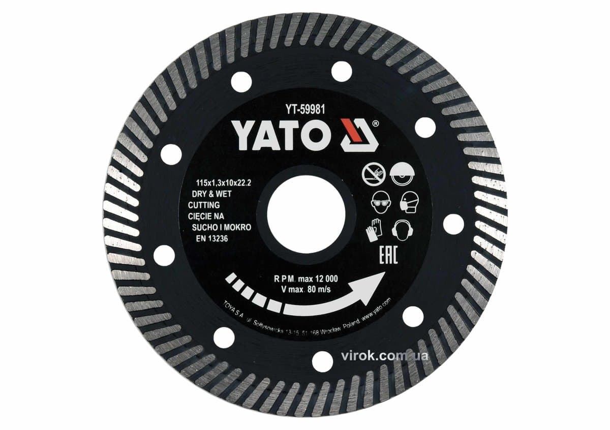 Диск відрізний алмазний по гресу,кераміці "TURBO" YATO Ø=115x1.3x10x22.2мм,в мокрому і сухому режимі