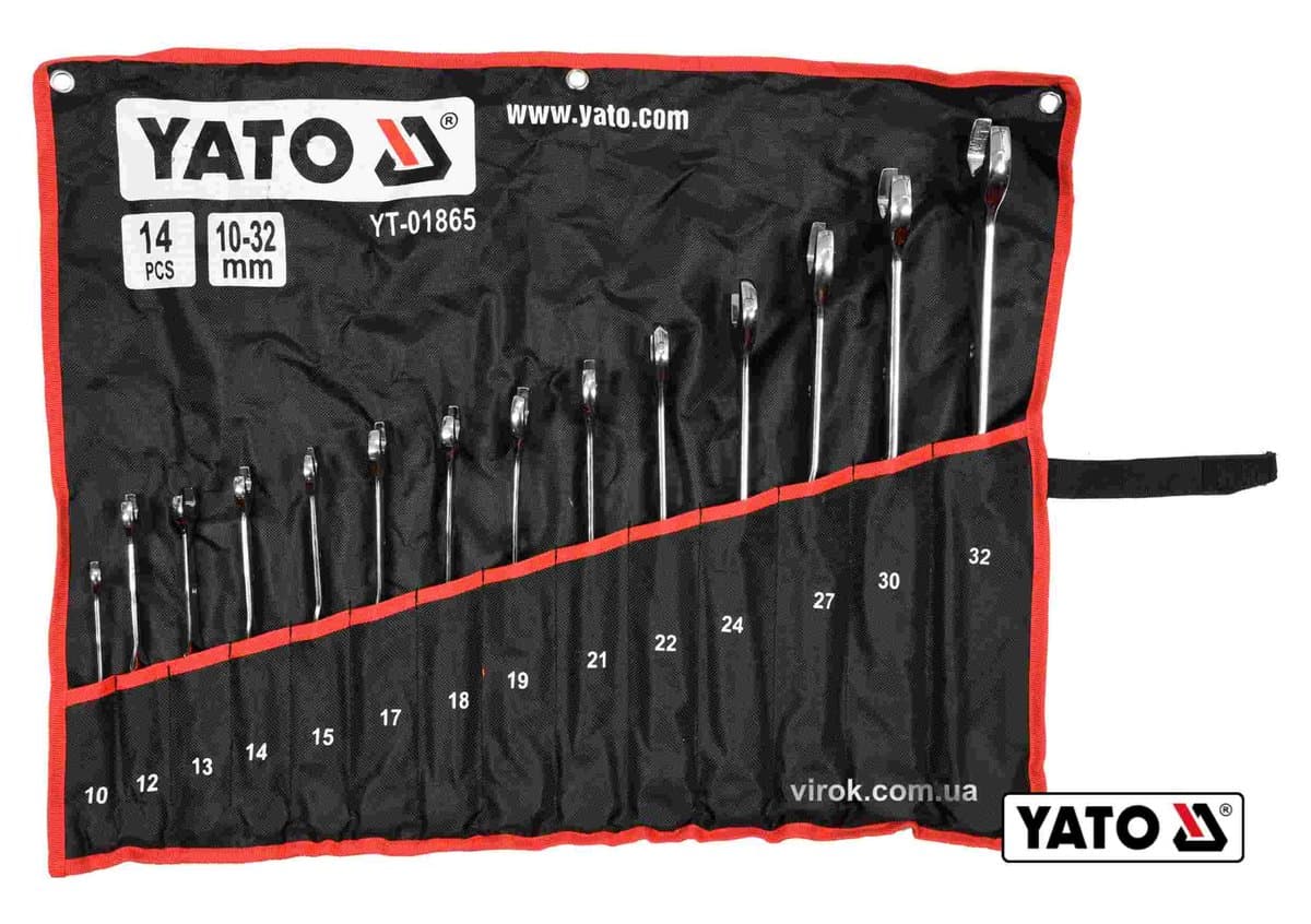 Ключі ріжково-накидні, кручені 90° YATO : М= 10-32 мм, Cr-V, 14 шт [4]