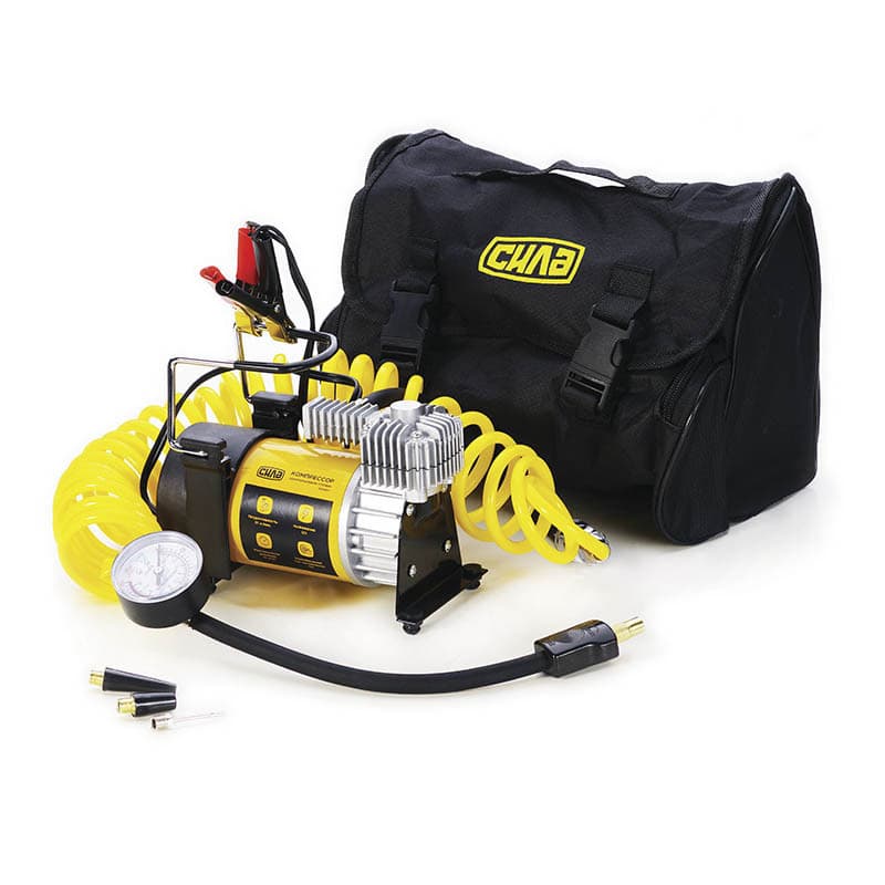 СИЛА Компресор однопоршневий ПОСИЛЕНИЙ 37 л / хв 10 Атм Клеми АКБ (Кручений шланг 5 м, клеми АКБ)