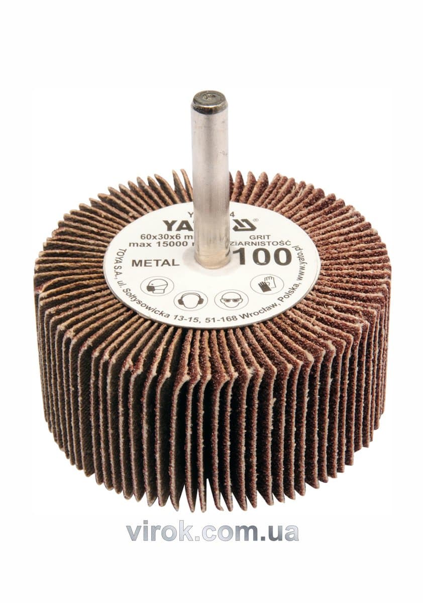 Круг пелюстковий шліфувальний YATO : подовжений Ø= 60 мм К80, шпиндель Ø= 6 мм, H= 30 мм [10/60]