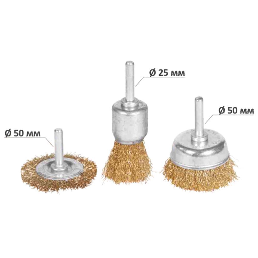 Набір щіток дротяних 3шт Ø25; 50; 50мм хвостовик Ø6мм (латуньовані) GRAD (9029015)