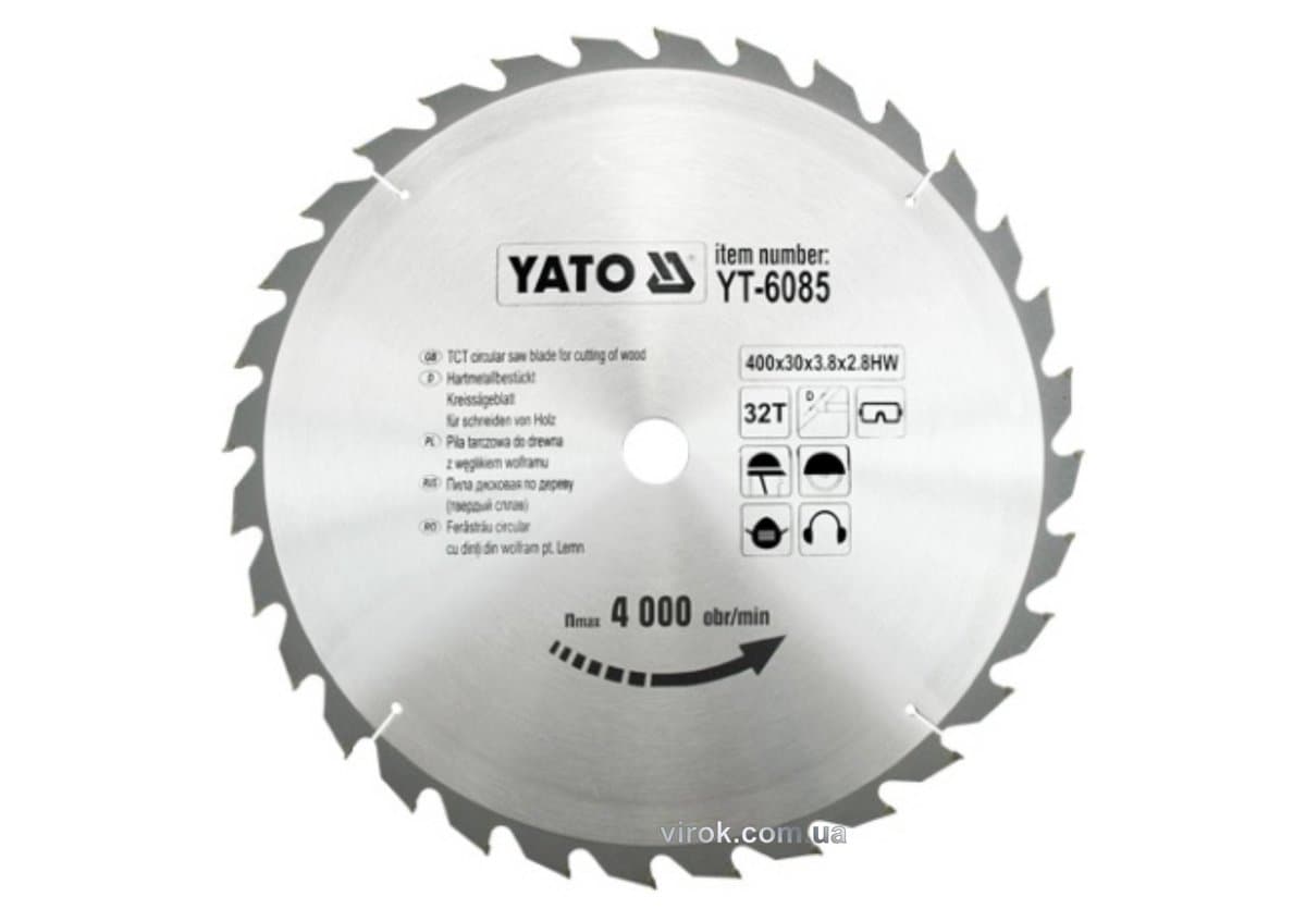 Диск пиляльний победітовий по дереву YATO: 400х30x3.8x2.8 мм, 32 зубці, R.P.M до 4000 1/хв [10]