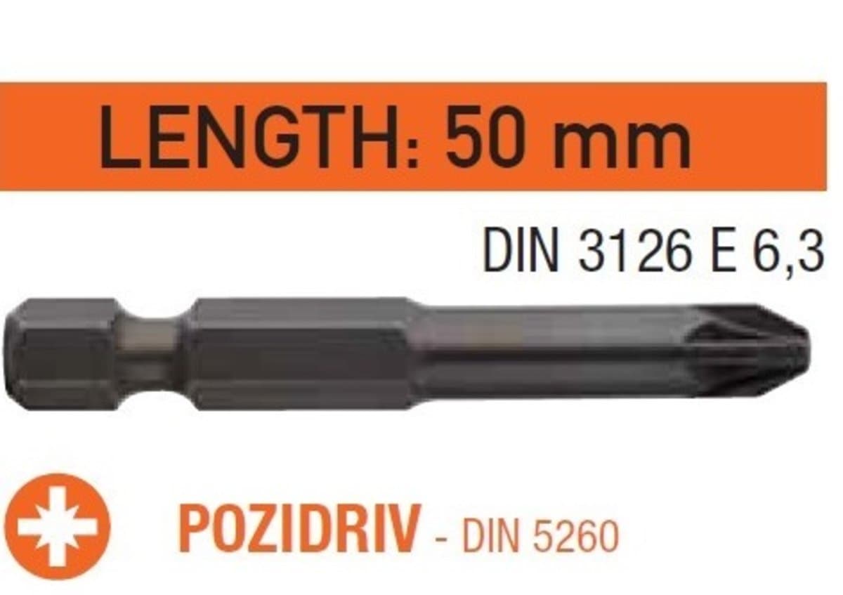 Насадка викруткова USH Industry "тонке жало" Pozidriv PZ1 x 50 мм. подовжена, Уп. 10 шт.