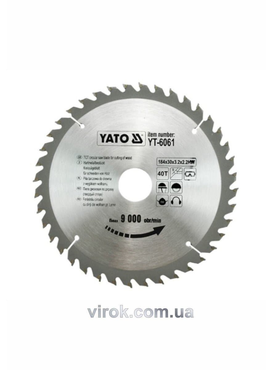 Диск пиляльний победітовий по дереву YATO: 184х30х3.2х2.2 мм, 40 зубців, R.P.M до 9000 1/хв [25/50]