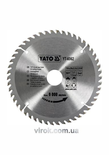Диск пиляльний победітовий по дереву YATO: 184х30х3.2х2.2 мм, 50 зубців, R.P.M до 9000 1/хв [25/50]
