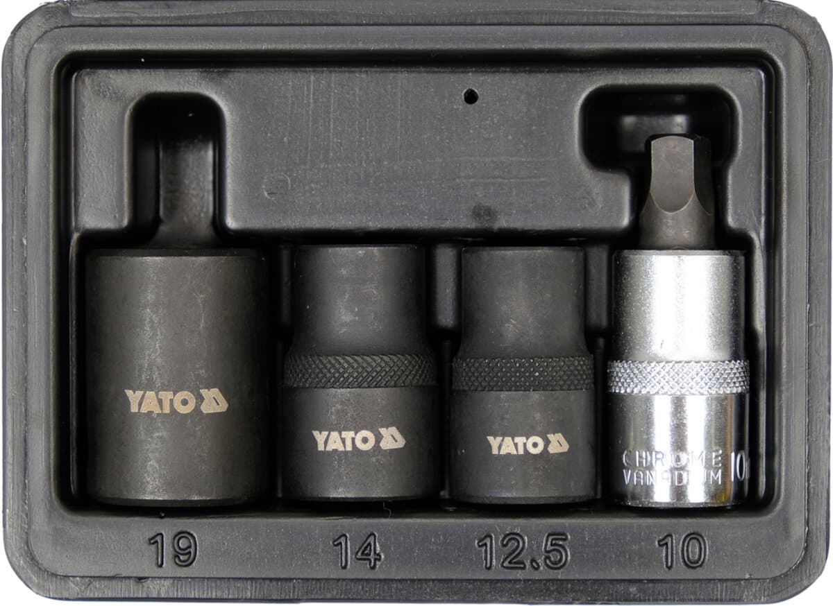 Головки 5-гранні для гальмівних супортів авто YATO: квадр-1/2", 12.5, 14, 19 мм біта-1мм, 4 шт [20]