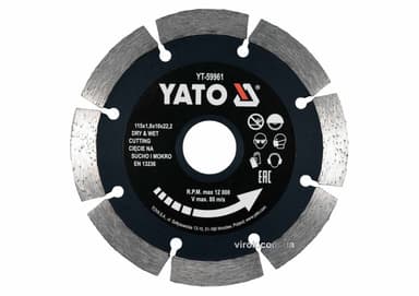 Диск відрізний алмазний по каменю і бетону YATO Ø=115x1.8x10x22.2 мм, в мокрому і сухому режимі [20]