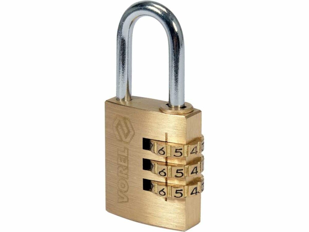 Замок навісний з кодовим замиканням VOREL: латунний корпус- 25х 10,2х30,4 мм, стал дуга- 22х12х 4 мм