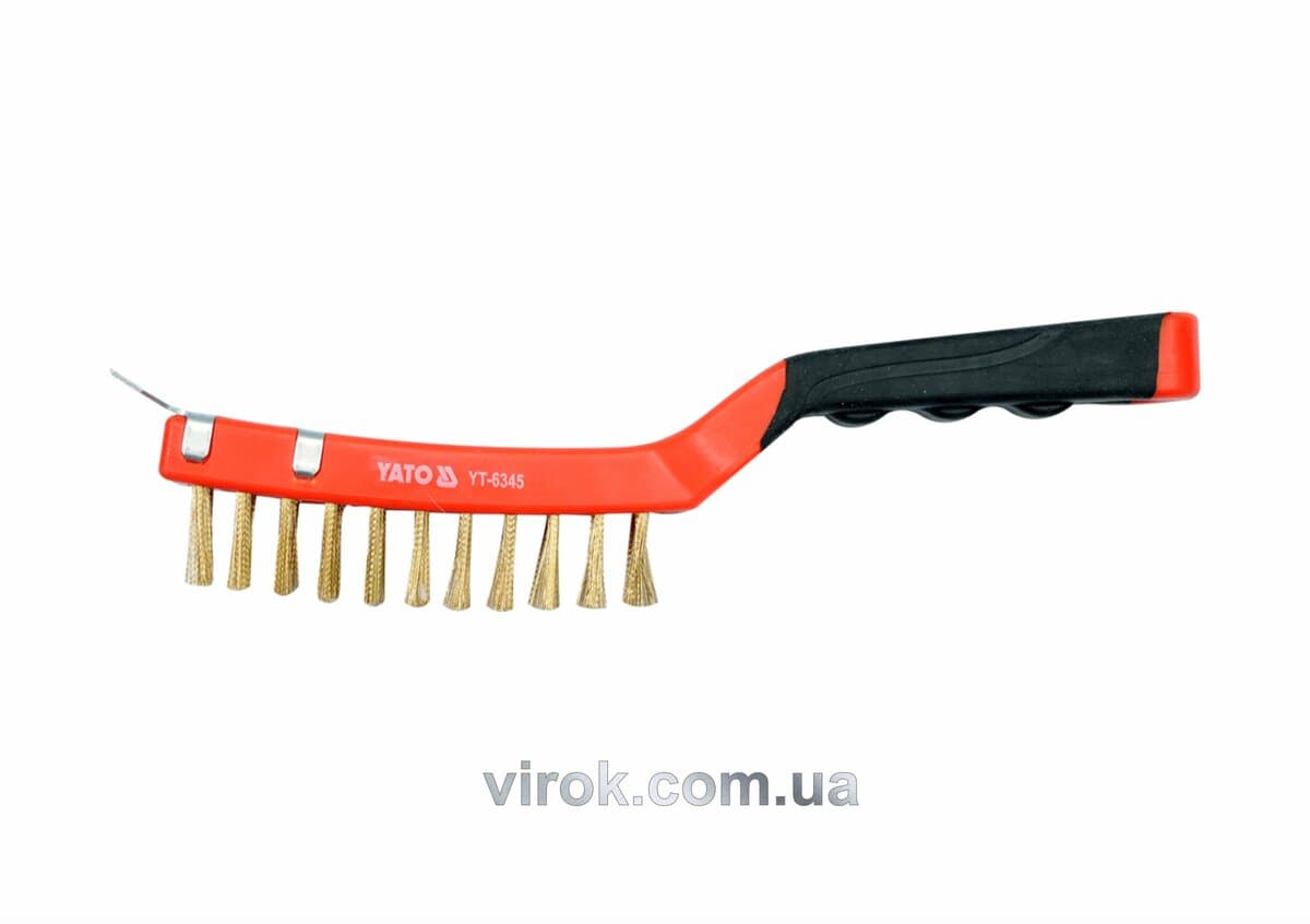 Щітка дротяна латунна YATO : 4-ряди, L= 290мм з пластиковою ручкою +скребок [12/72]