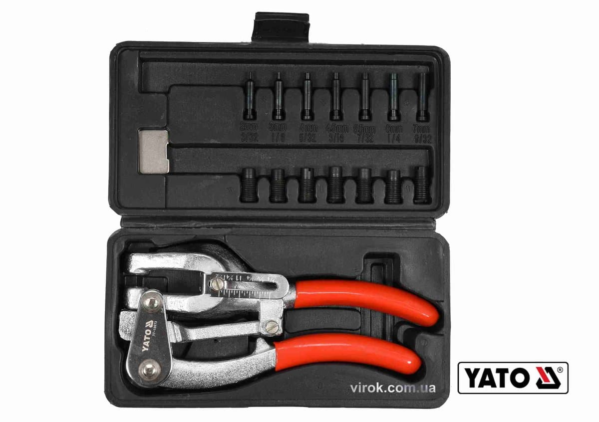 Кліщі для проколювання отворів YATO в листов. металі ≤ 1 мм, 14 насадок Ø= 2-7 мм, 16 шт + кейс [12]