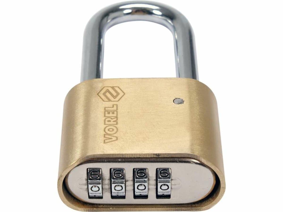 Замок навісний з кодовим замиканням VOREL: латунний корпус- 52х 40 х25 мм, сталева дуга- 56х25х 8 мм