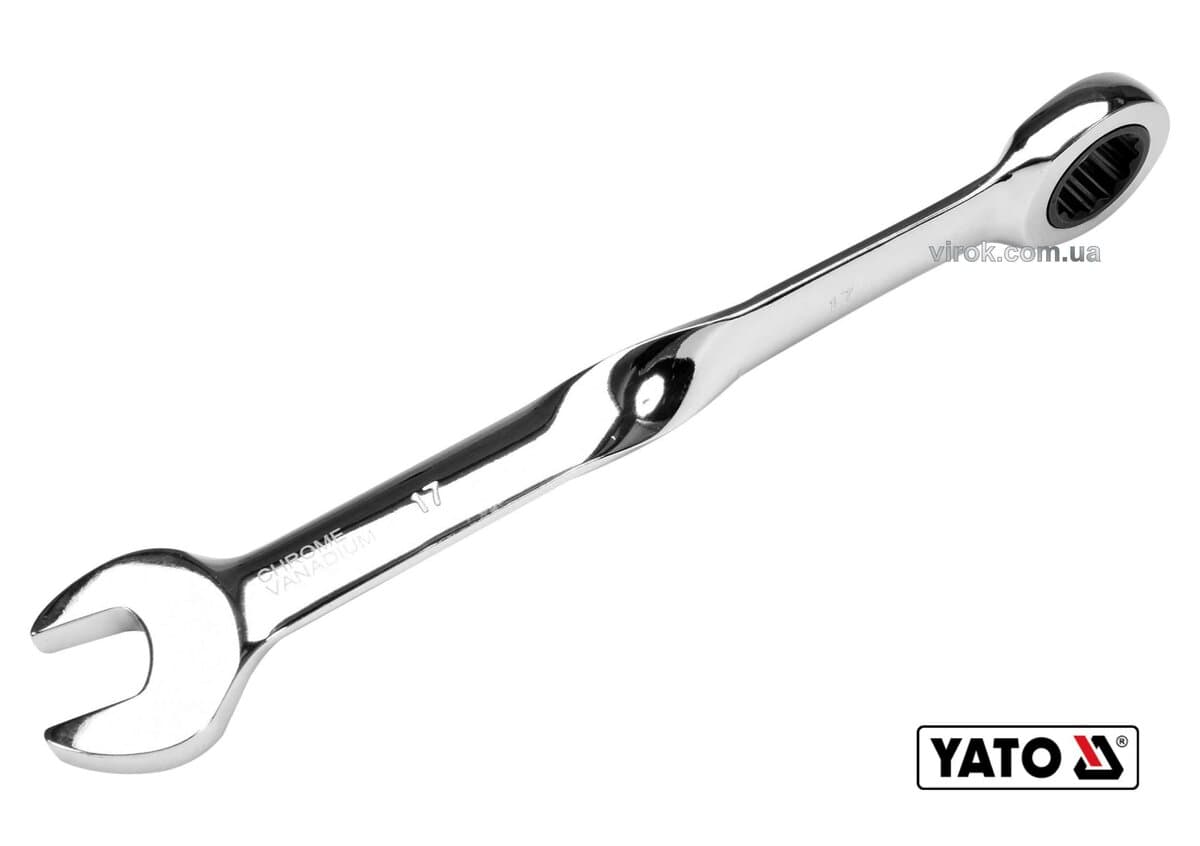 Ключ ріжково-накидний, кручений 90° з тріщаткою YATO : М= 17 x 228 мм, HRC 40-45, Cr-V [20/80]