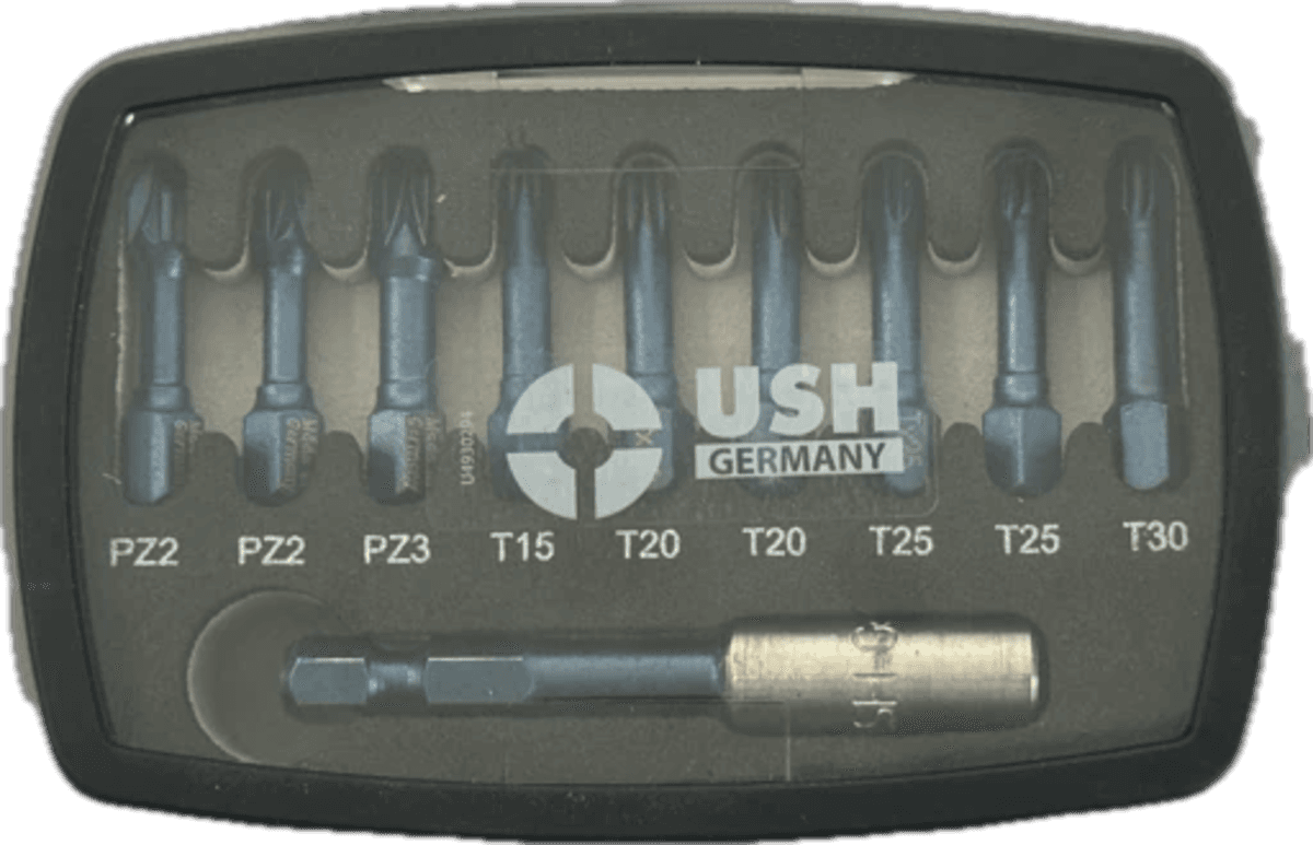 Набір насадок викруткових Blueshock USH: 1/4"х 30 мм, PZ2-3; T15-20-25-30, магнітний тримач, 10 ел.