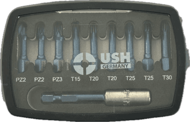 Набір насадок викруткових Blueshock USH: 1/4"х 30 мм, PZ2-3; T15-20-25-30, магнітний тримач, 10 ел.