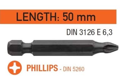 Насадка викруткова USH Industry : Phillips TORSION PH2 x 50 мм. Torsion подовжена, Уп. 10 шт.