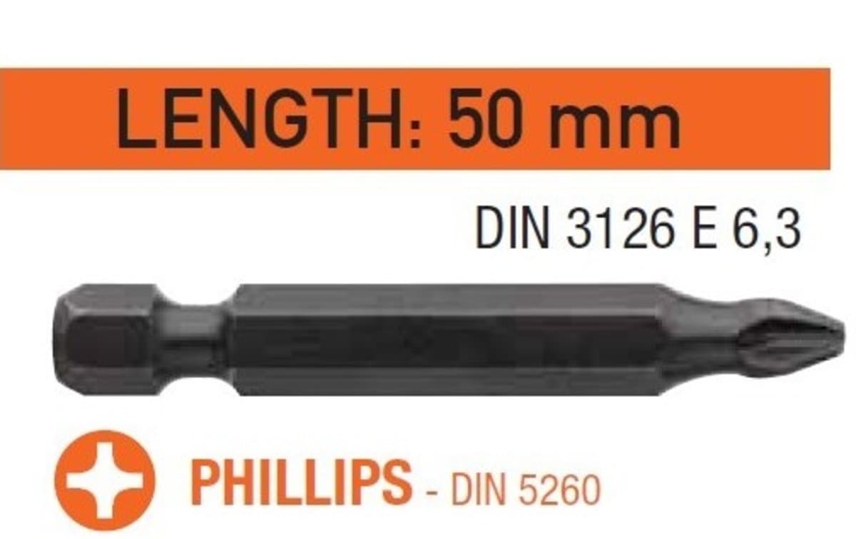 Насадка викруткова USH Industry : Phillips TORSION PH2 x 50 мм. Torsion подовжена, Уп. 10 шт.