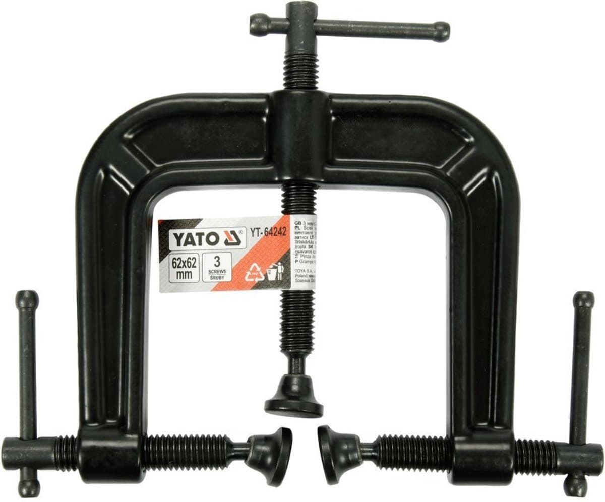 Струбцина з 3 гвинтовими затискачами YATO, тип "С", 62х 62 мм [10/60]