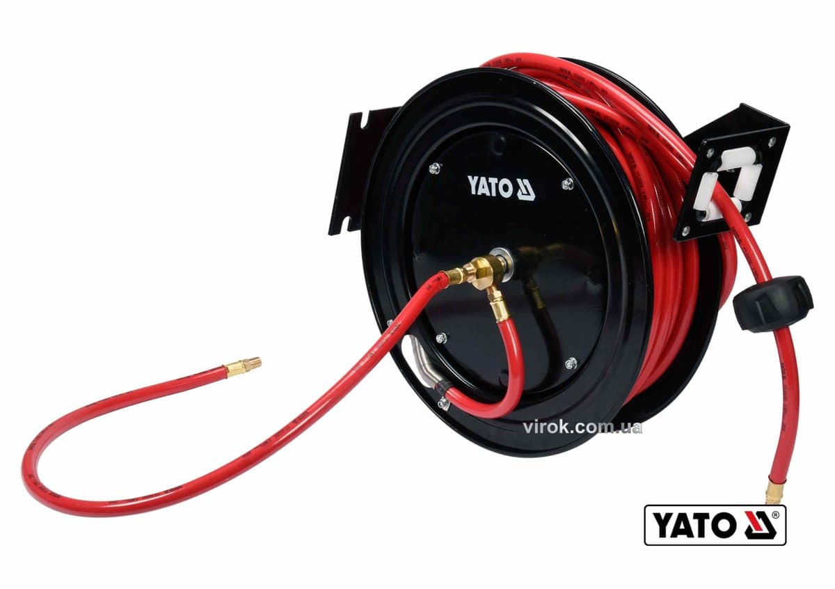 Шланг пневматичний ПВХ на котушці YATO з швидкоз'єдн. наконеч-ми 1/4" Ø=9.5мм, тиск- 20Bar, l=15м