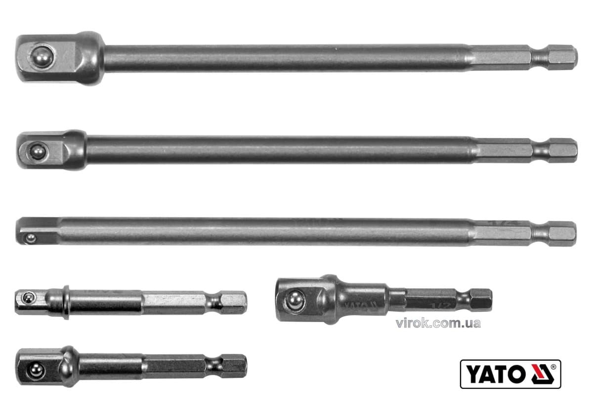 Тримачі-адаптери торцевих головок YATO: квадрат-1/4",3/8",1/2", L=50 і 150мм, HEX-1/4" Cr-V. 6шт[24]