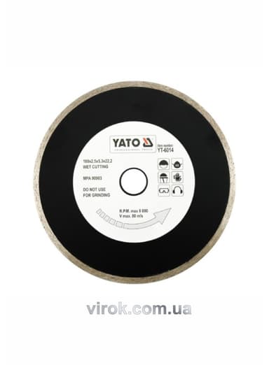 Диск алмазний суцільний YATO : Ø= 180x5,3x22,2 мм. H= 2,5 мм. для мокрої різки [15/60]