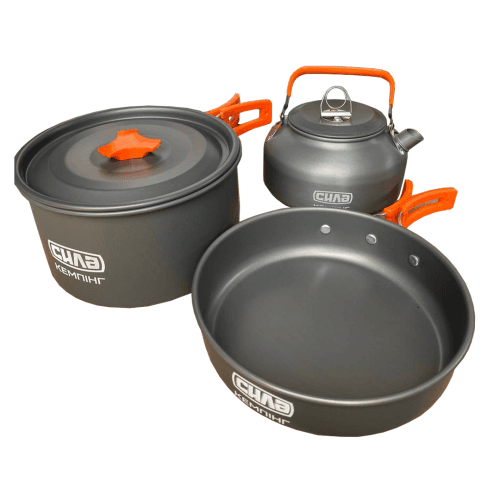 Набір туристичного посуду для походів (каструля + сковорода + чайник) СИЛА